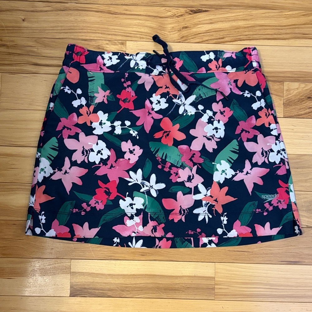 Speedo Navy Floral Swim Skort with Pink & Green Accents (large)